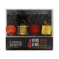 Décors De Noël Assortis Rouge Dore Sur Pique (X4)